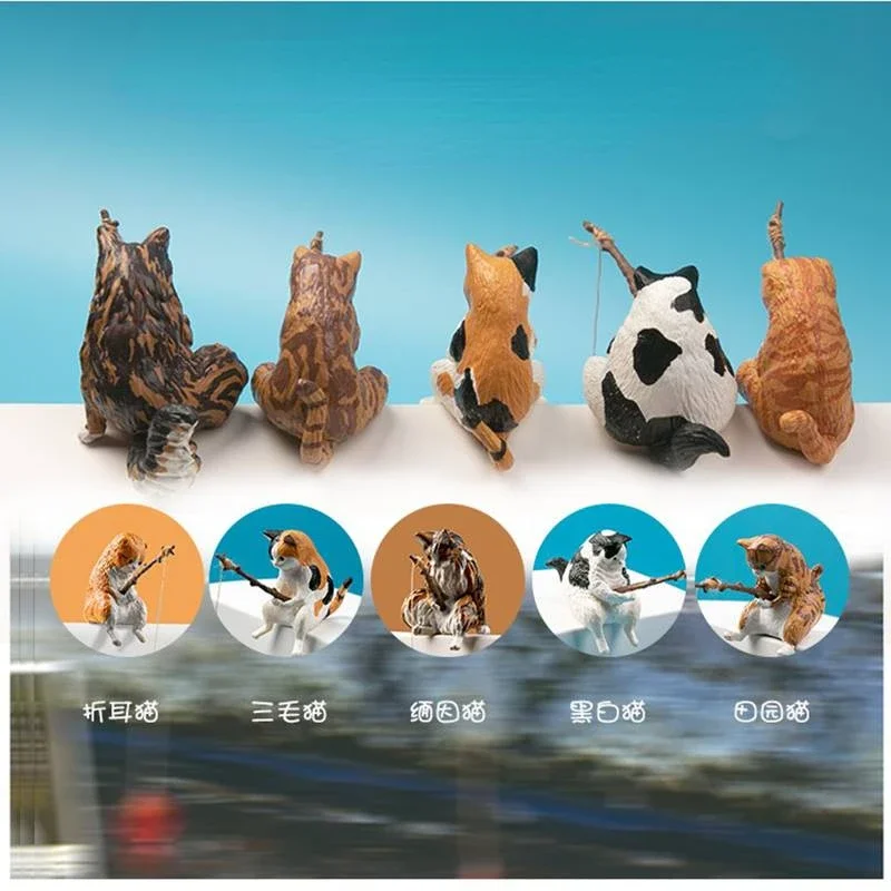 YELL Gashapon Capsule Toy Black Calico Cute Kawaii Cat Fishing Kwaii Funny Maine Coon Fish Aquarium Decor Figures