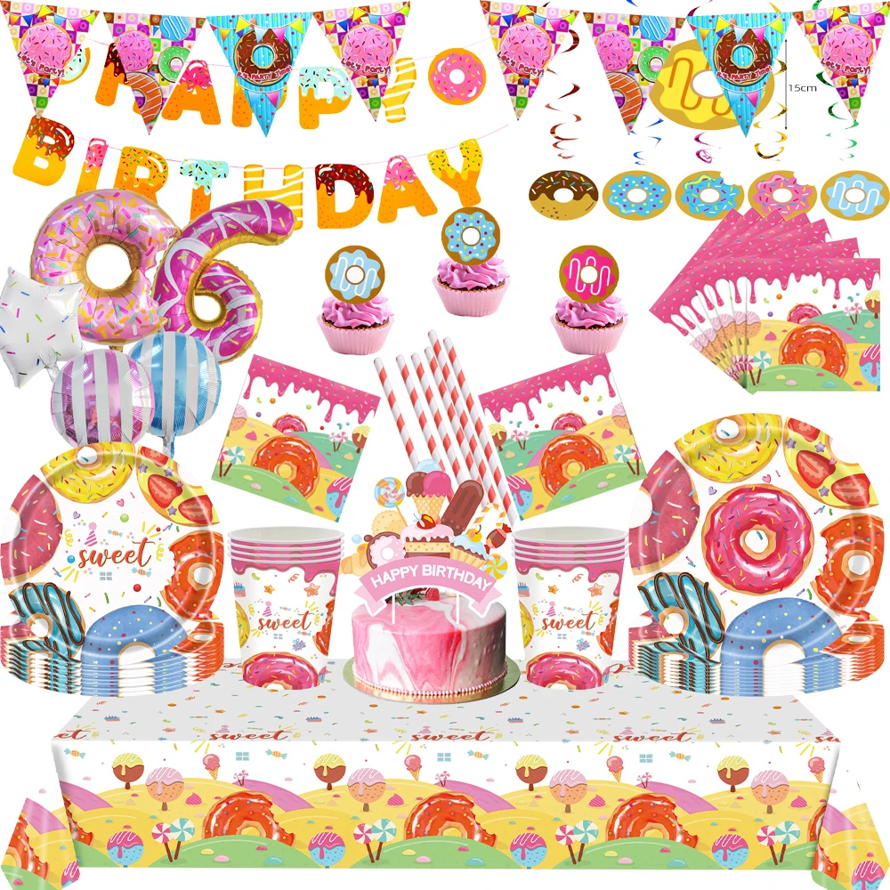 Donut Birthday Party Tableware Cups and Plates Tablecloth Napkin Party Balloons Decoration Ice Cream Themed Birthday Supplies