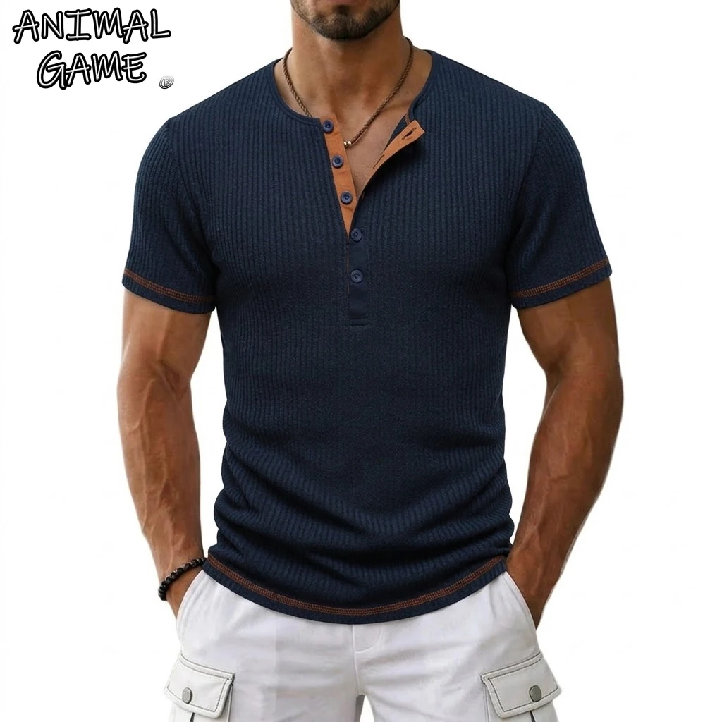 Sommer Herren Luxus T-Shirts für Männer Lässige Hawaiianische Henley-Hemden Leichte Kurzarm Strand-T-Shirts Fitness Streifen-Tee