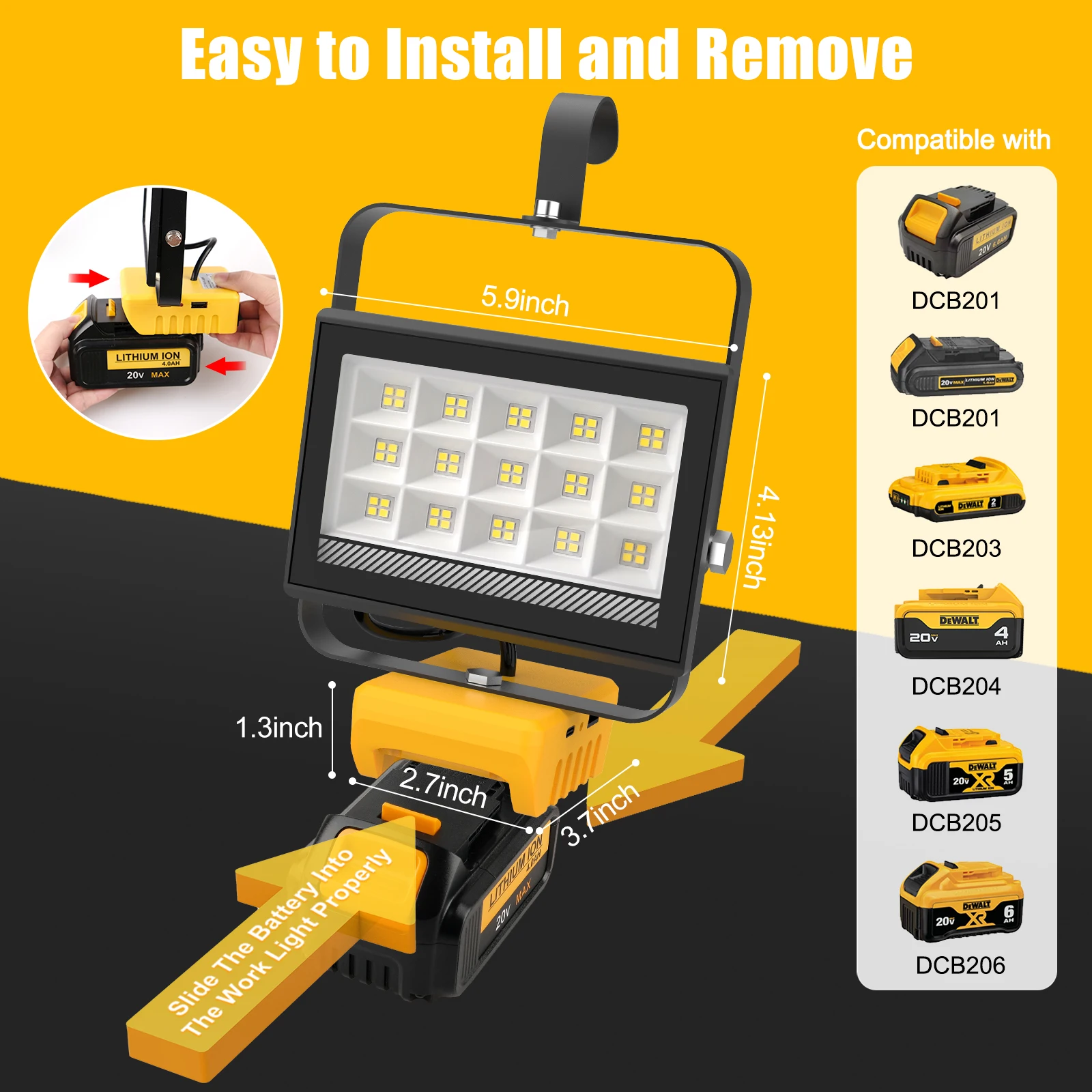 6000LM 60LEDS Portable 60W LED Work Light With Hooks Adjustable Base Rechargeable LED Flood Light for DeWalt Makita Milwaukee