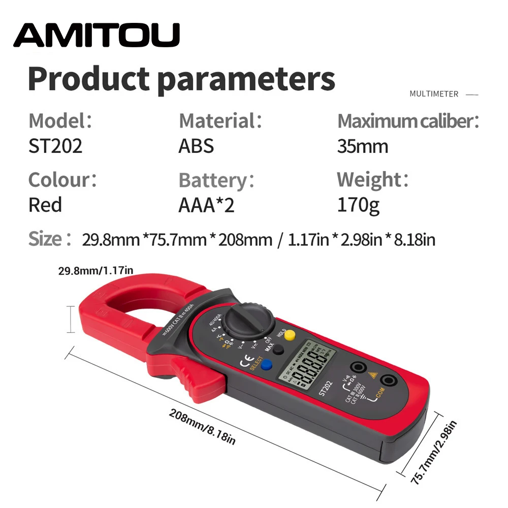 AMITOU ST202 Digital Clamp Meters Professional Multimeter Clamp AC/DC Voltmeter Ammeter Diode Temp Ohm Tester for Electrician