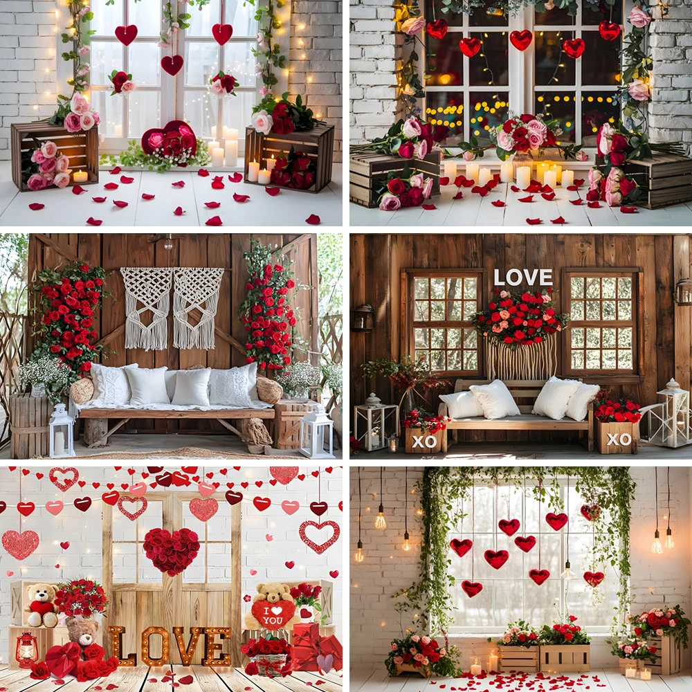 Red Rose String Lights Photography Backdrop Valentine's Day Couple Portraits Anniversary Day Boho Backgrounds Photo Studio Props