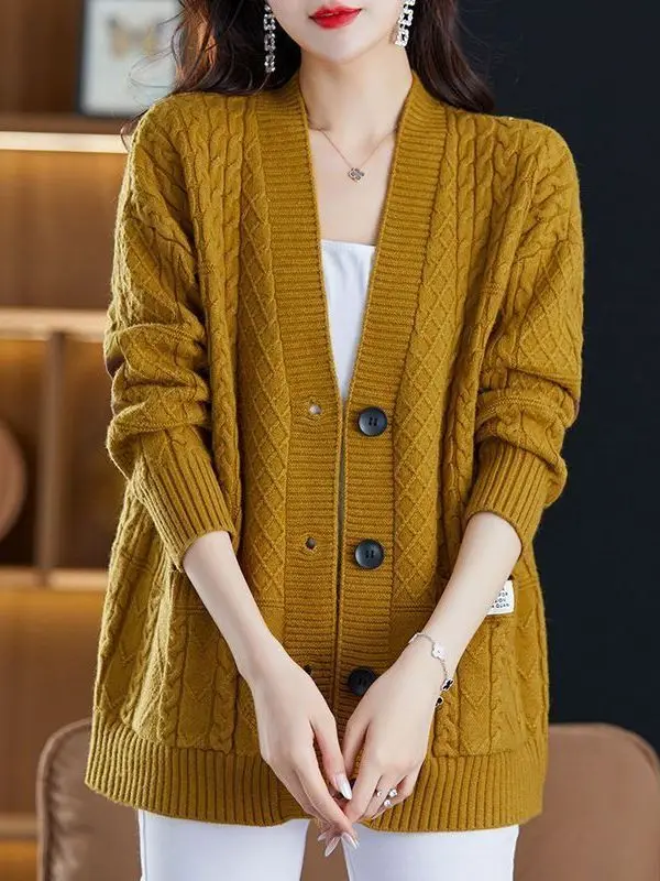 

Женский осенне-зимний свитер больших размеров, корейский свободный крой с высокой талией, длинный кардиган свеча V-Ne для женщин больших размеров