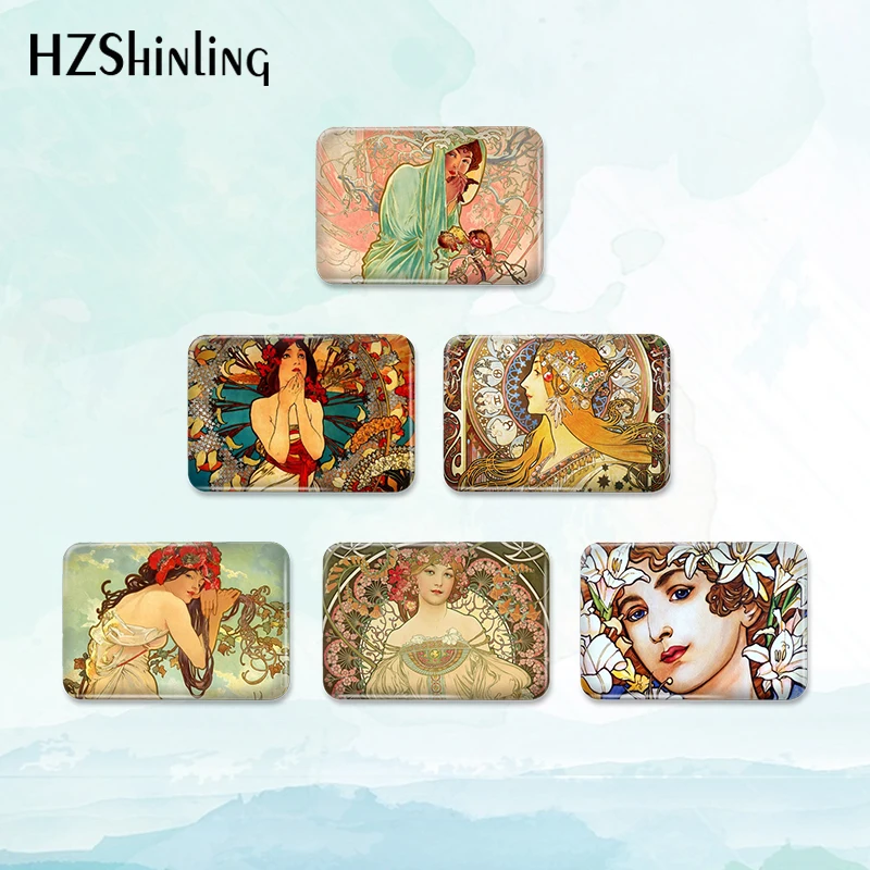 2023 New Moonlight Alphonse Mucha Earring Badge Brooch Season Art Rectangle Button Pin Backpack Decoration Round Jewelry Gift