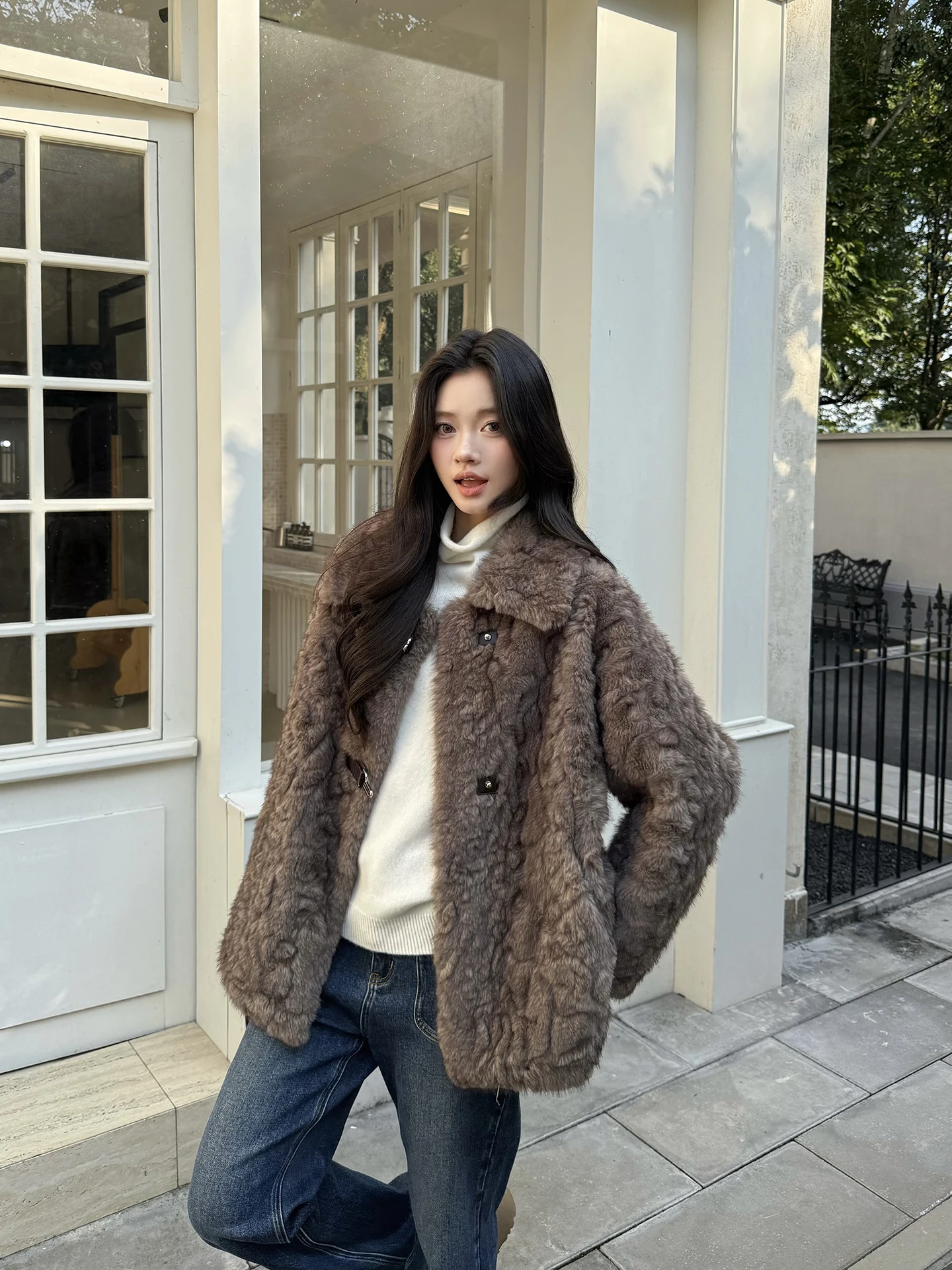 

Пушистое плюшевое пальто, теплое универсальное модное утягивающее женское зимнее пальто MEHOMEYANG, длинный воротник-стойка, Thiened