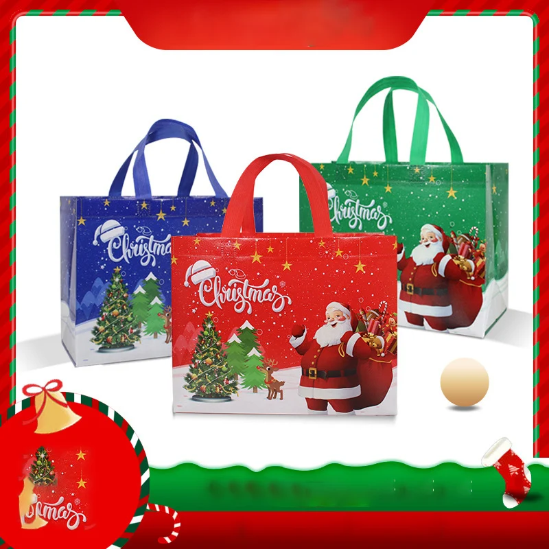 Christmas Non-woven Handbag Cute Santa Claus Print Gift Packing Bag Waterproof Square Handle Bag Festivel Xmas Party Supplies