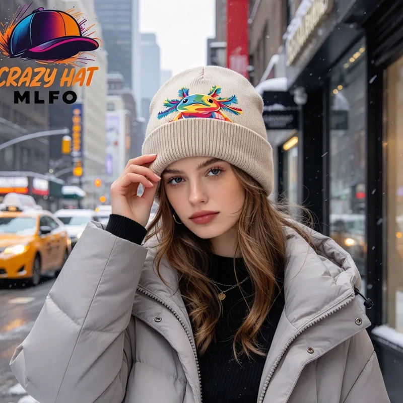 Vibrant Eye-Catching Knit Beanie, Colorful Axolotl Art Print, For Daily Outdoor Walk, Holiday Season & Casual Gathering