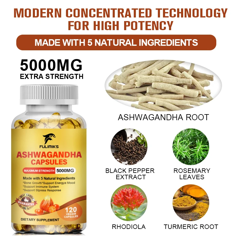 5000mg Ashwagandha Extract Capsules Help Deep Sleep Health Brain and Memory and Mental Stress Support Dietary Supplement