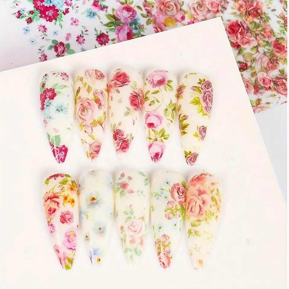 10 Piezas Mixtas Láminas de Transferencia para Arte de Uñas Set de Pegatinas Diseños de Rosas Florales Cielo Estrellado Envolturas de Uñas Decoración de Manicura para Boda Verano 3