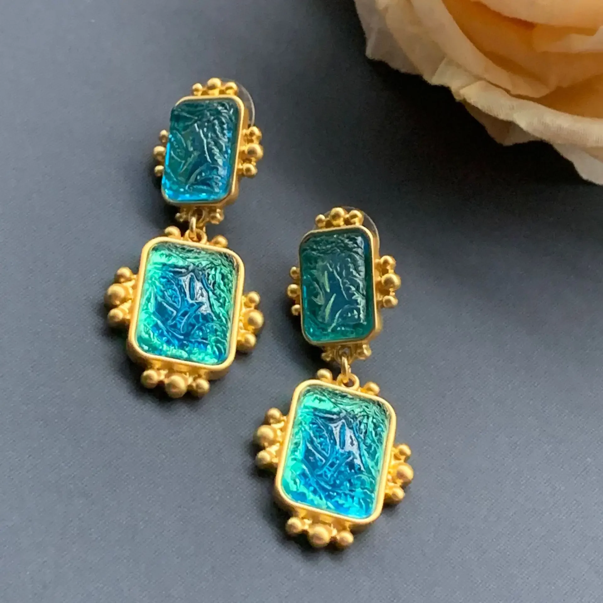 Medieval Times Natural Glaze Rectangle Drop Earrings Jelly Blue Eardrop Golden Frame Jewelry for Women Party Elegance Gifts INS