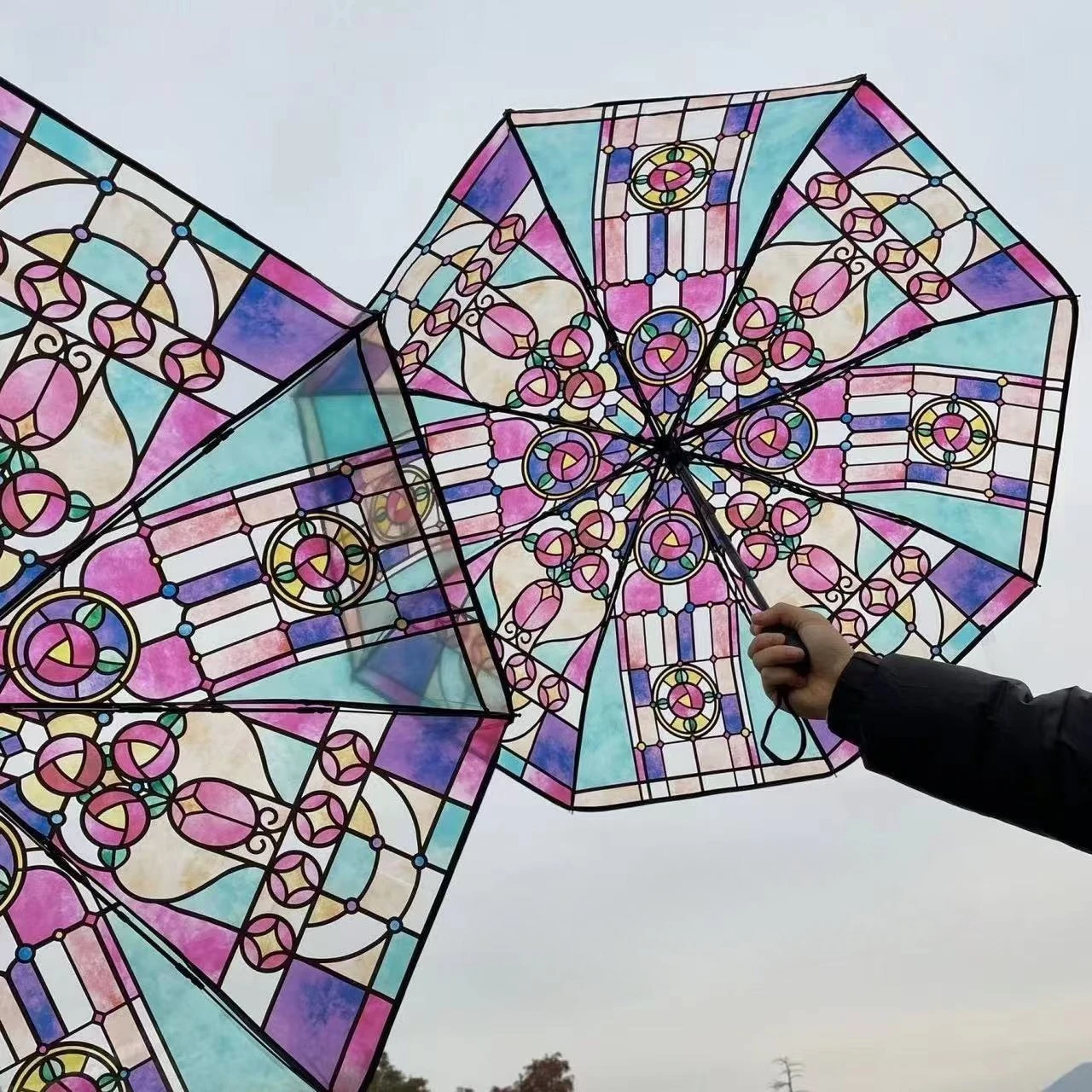 Handbemalter Vintage-Schirm aus Buntglas, Romantischer Automatischer Faltbarer Sonnen- und Regenschirm, Tragbarer Reiseschirm