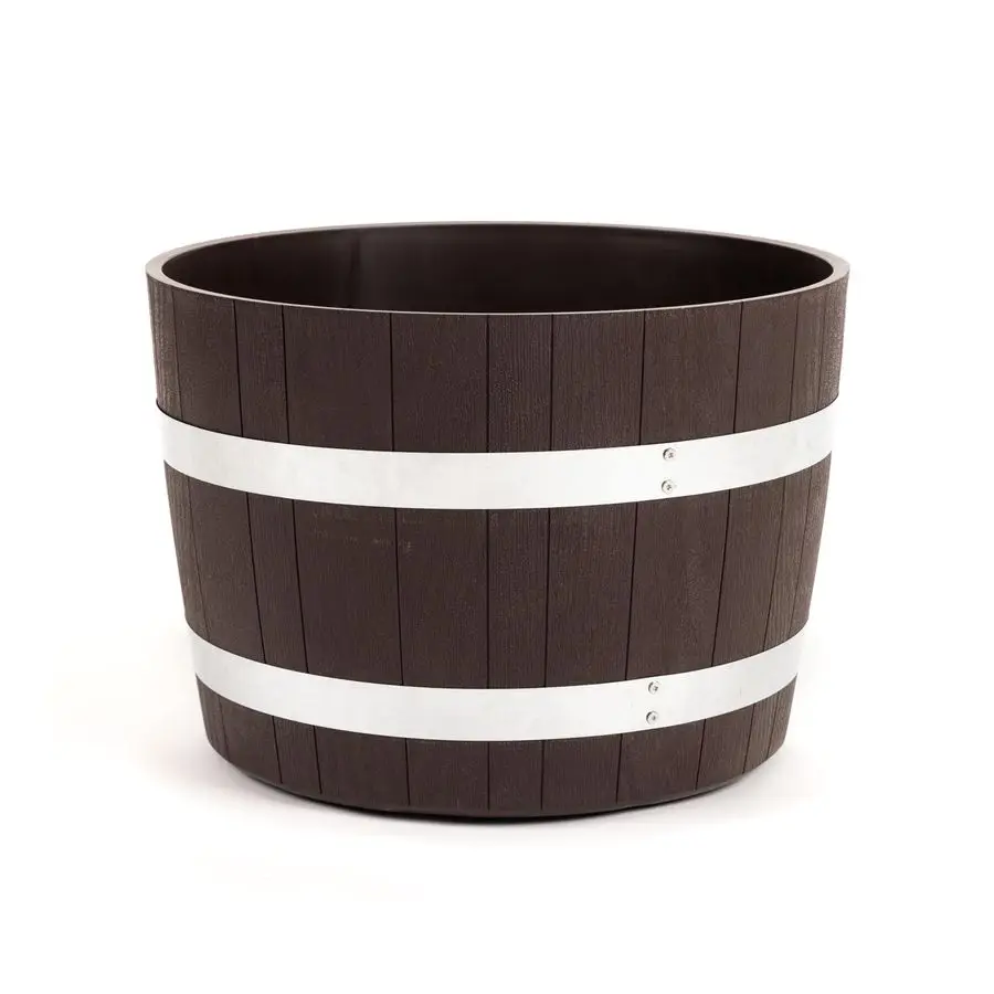 

Home Accents 100 Recycled Polyethylene 18 inch Heavy Duty Better Barrel Planter with Rusting Steel Bands, Walnut Color
