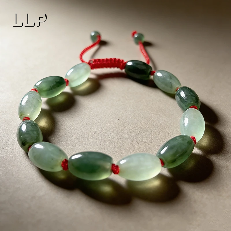 

Pure Natural Jade Oval Beads Adjustable Hand Woven Lucky Bracelet Suitable For Both Men And Women As a Festival Gift