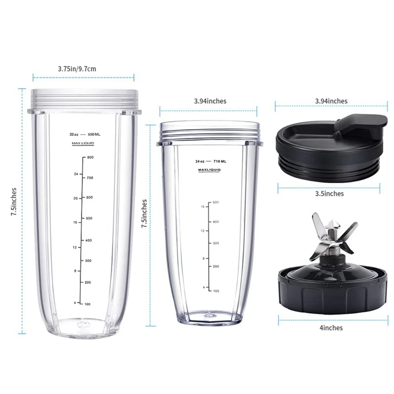 Blender Replacement 32Oz&24Oz Cup And With Lids, 7 Fins Extractor Blade, For Nutri Ninja BL480-30 BL483-30