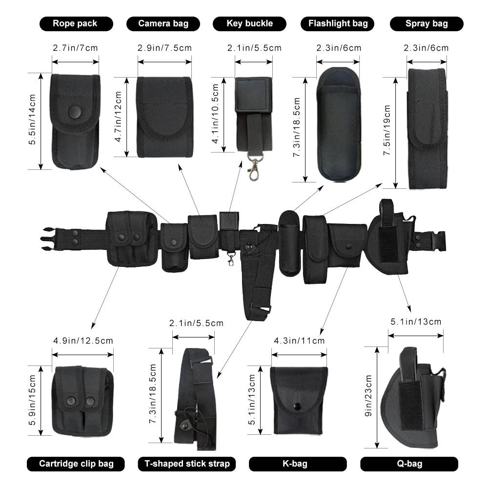 10 in 1 Duty Belt Modular Equipment Security Utility Belt with Components Pouches Bags Gun Holster for Guard Security Hunting