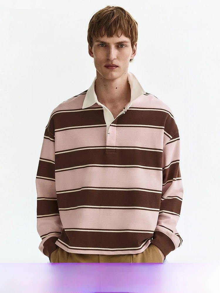 

Loose Fit Rugby irt for Men Spring 2026 H&M Brand Cotton Long Sve Button Detail Casual Wear Comfortable Breathable
