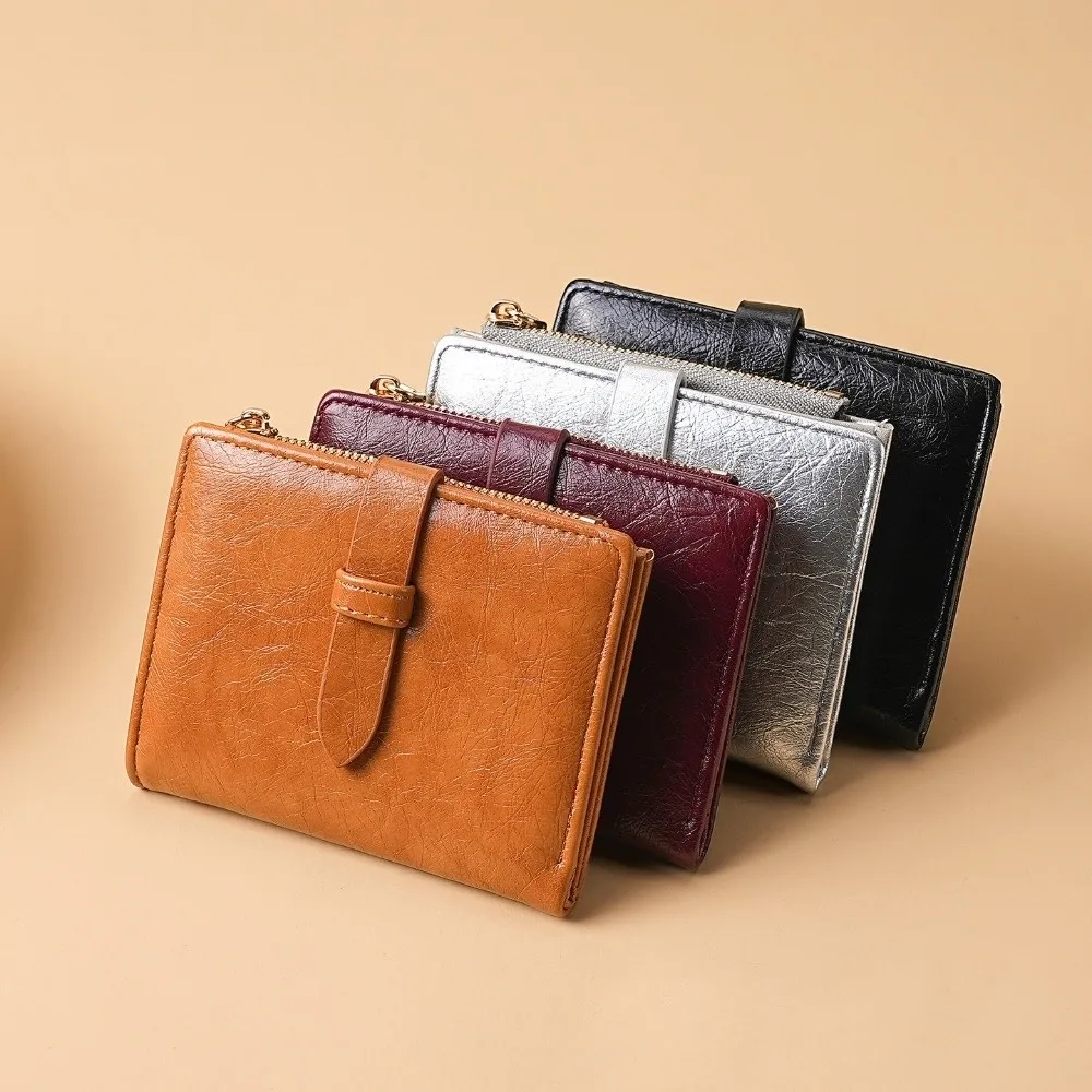 

PU Leather Women's Purse Solid Color Folding Design Short Wallet Pull-out Design Large Capacity Billfold Wallet for Women