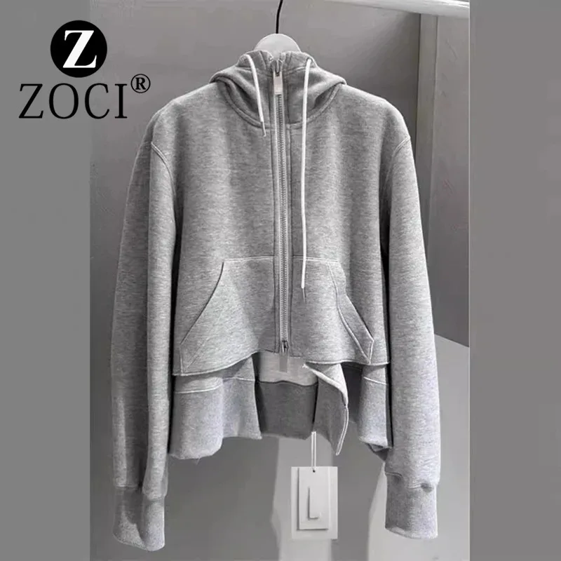 [ZOCI] Autumn New Splicing Zipper Cardigan Sweatshirt Solid Color Pocket Hoodie Casual Top