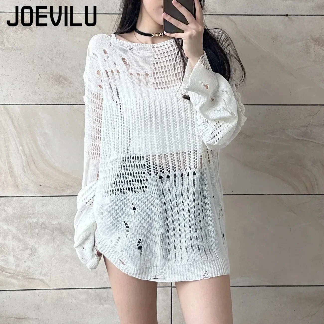 JOEVILU Hollow Knit Blouse Summer Loose Fitting Long Sleeve Thin Sweater Women's Korean Casual Tops Black Vintage Gothic Blouses