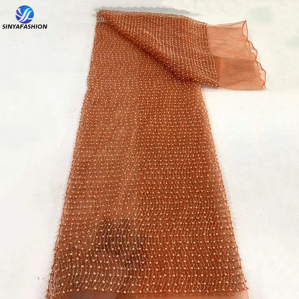 

Fully Pearls Orange African Nigerian French Tulle Mesh Lace High Quality Sinya Luxury Beaded Lace Bridal Fabric For Women Dress