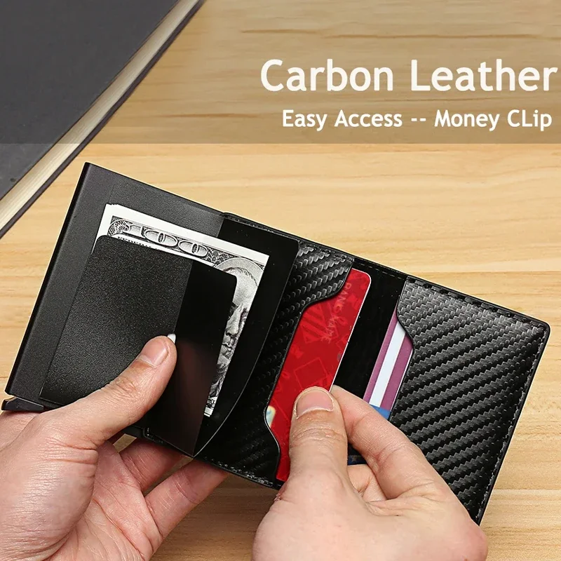 Men and Women Carbon Fiber RFID Anti-magnetic Card Bag Automatic Elastic Credit Card Clip Metal Business Card Case