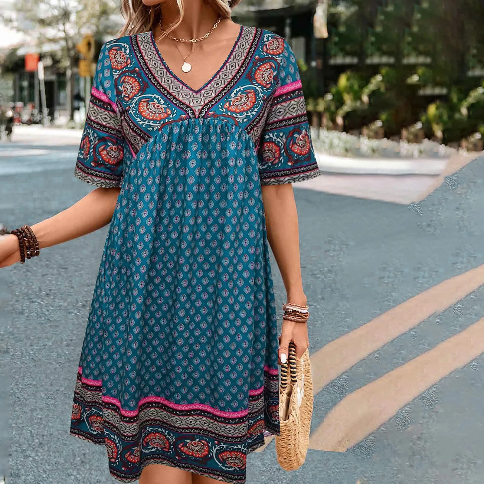 

Women's Dresses Summer Fashion Stitching V Neck Loose Bohemian Vacation Woman Basic Short Sleeve Mardi Gras Carnival Dress