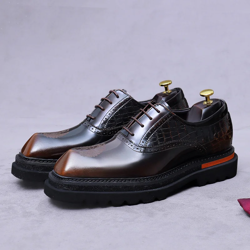 Men's Genuine Leather Shoes Laser Pattern Glossy British Casual Cowhide Oxfords Thick Sole Lightweight Groom's Wedding Shoes