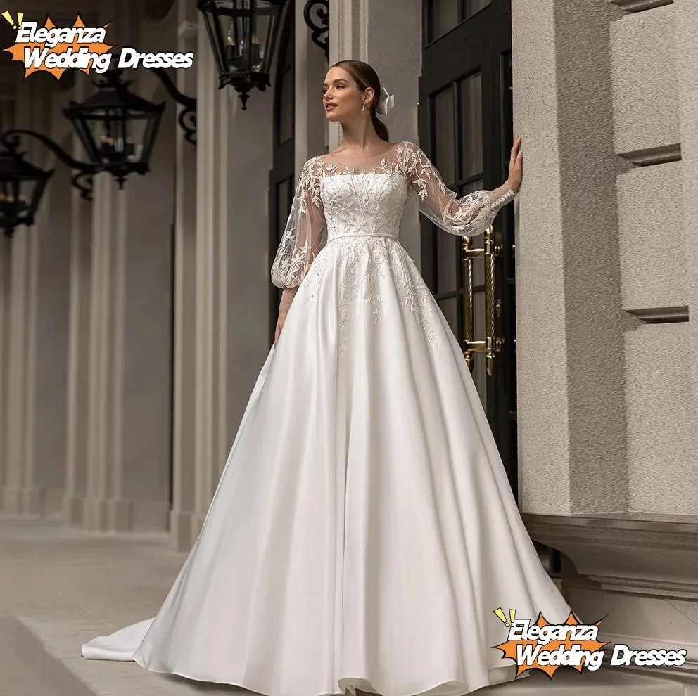 Customized Classic Wedding Dresses Women O-Neck Full Sleeves Bride Dress Satin With Applique Sweep Train A-Line  Occasion Gowns