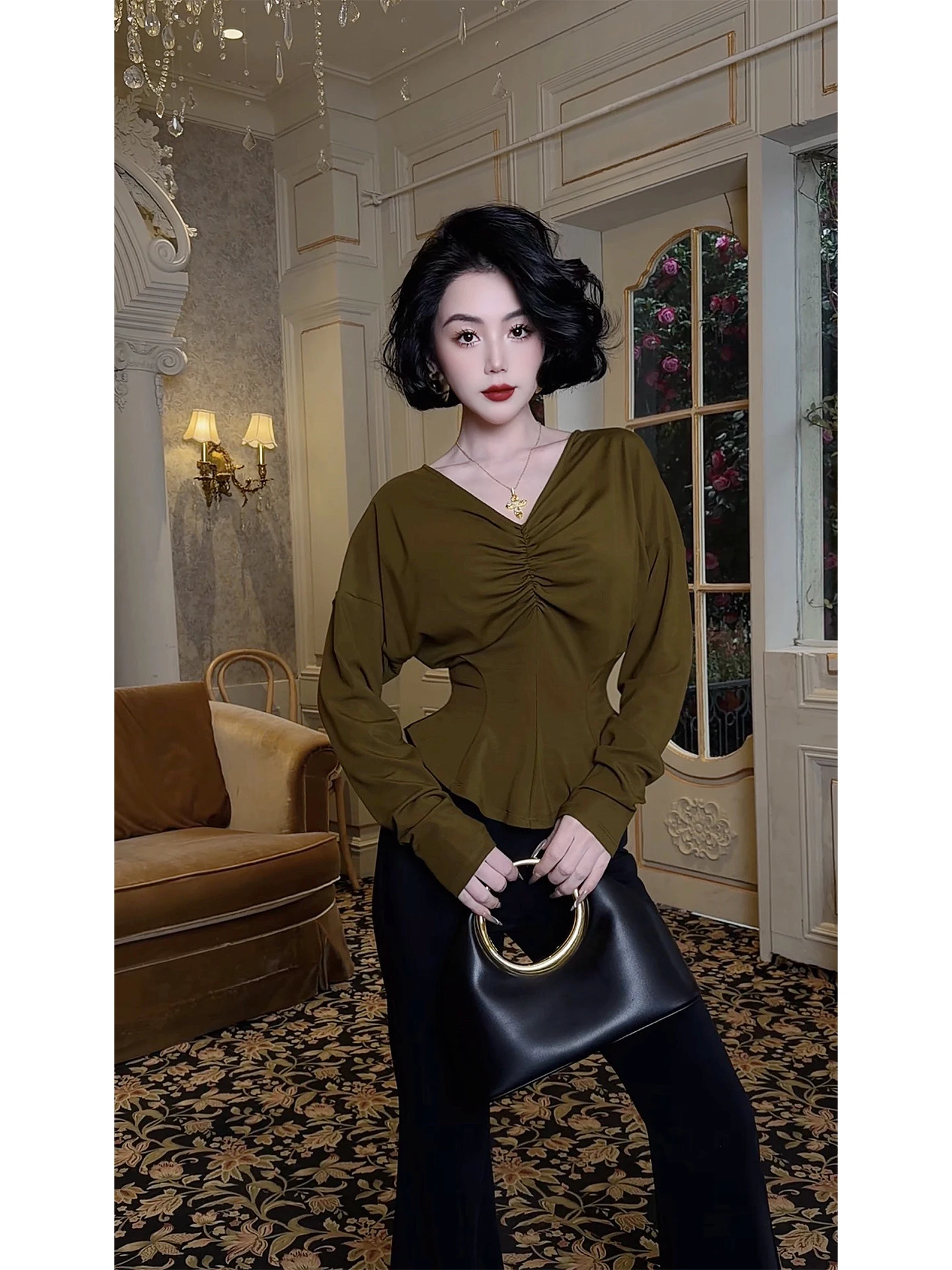 

Женская рубашка LYXJ Olive Morning Fog, весна 2026, новый стиль, повседневный трикотажный топ с завышенной талией, модный, с длинным рукавом, V-образный вырез