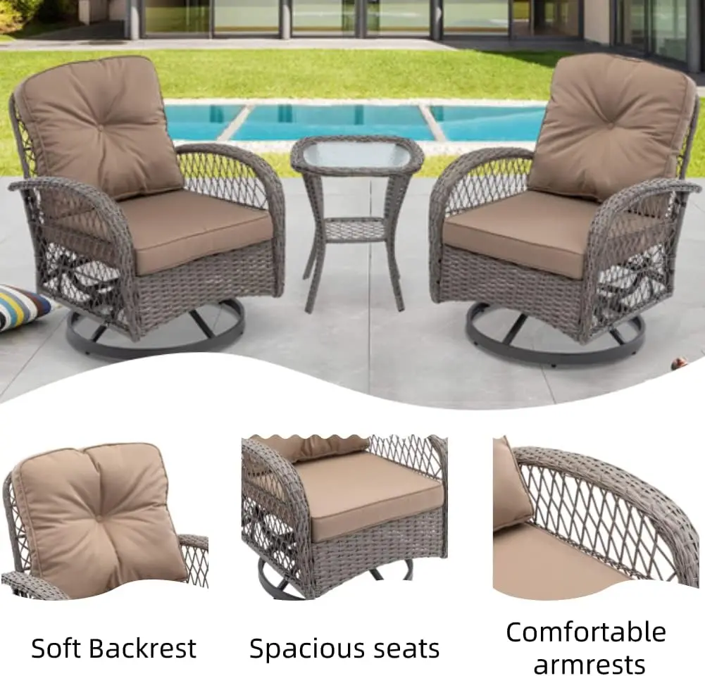 Wicker Swivel Rocker Chairs Set,Swivel Chairs with Thick Cushion,  Tempered Glass Side Table for Outdoor