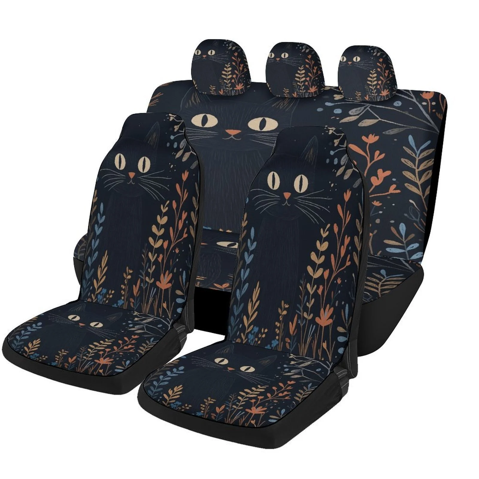 Black Cat In Garden Designed Car Seat Cover Set For Most Cars, Decorative Fashionable High-quality Car Seat Protector Covers Ful
