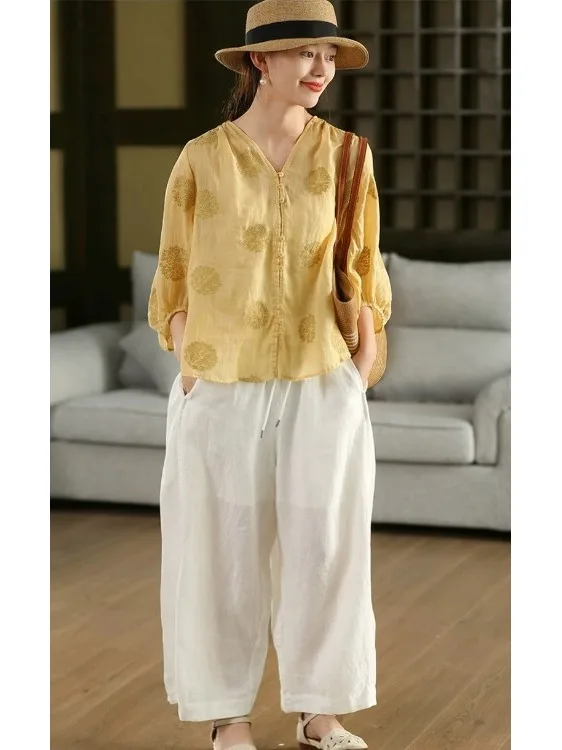 엘리 자수 코튼 린넨 여성용 얇은 여름 신상 슬레 랜턴 스타일 오픈 가디건 브이넥 레귤러 길이