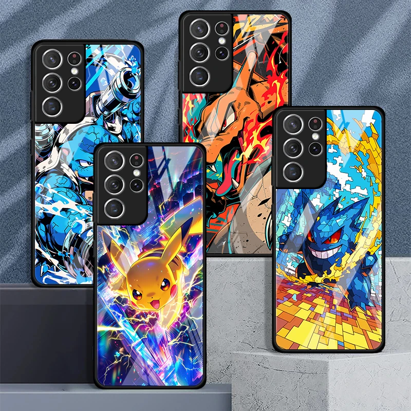 Niedliche Pikachu Pokemon Glas-Schutzhülle für Samsung Galaxy S26 S25 Ultra S23+ S25+ S24 S22 S20 FE S23 Plus S24+ S21 Luxus-Handyhülle