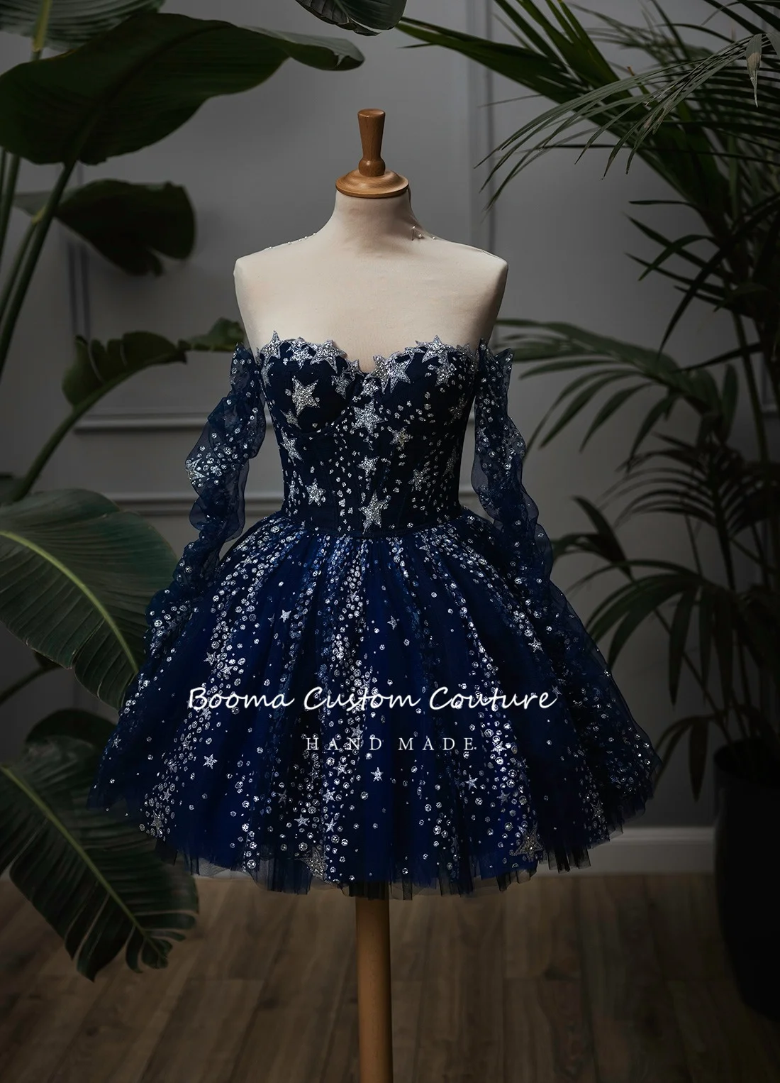 Booma Glitter Navy Blue Starry Tulle Mini Prom Dresses Sweetheart Long Sleeves Above Knee A-Line Formal Evening Party Gowns