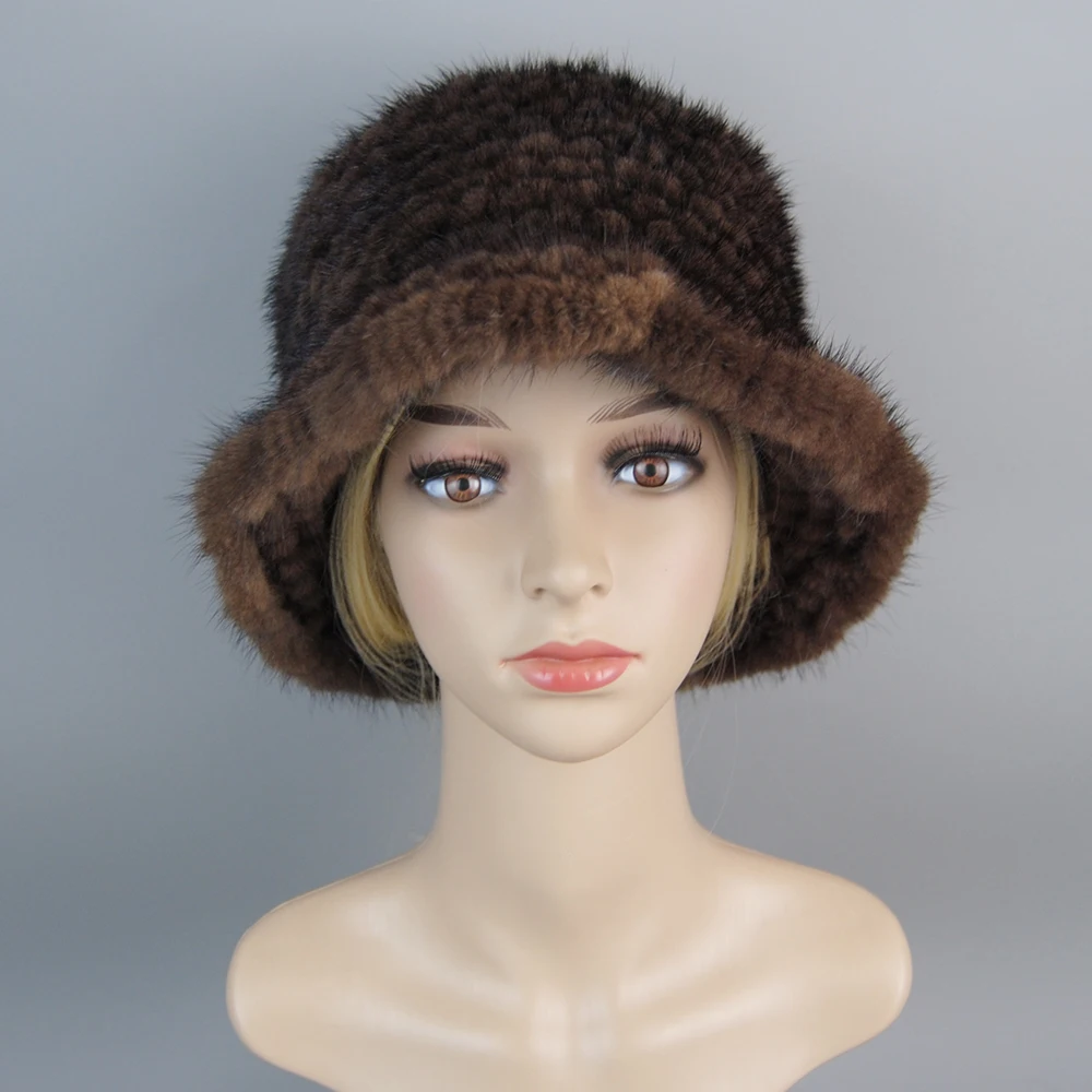 2024 Warm Woman Hat Winter Solid Mink Caps With Flower Natural Mink Fur Hats New Russian Girl Soft Knitting Real Fur Bucket Hats