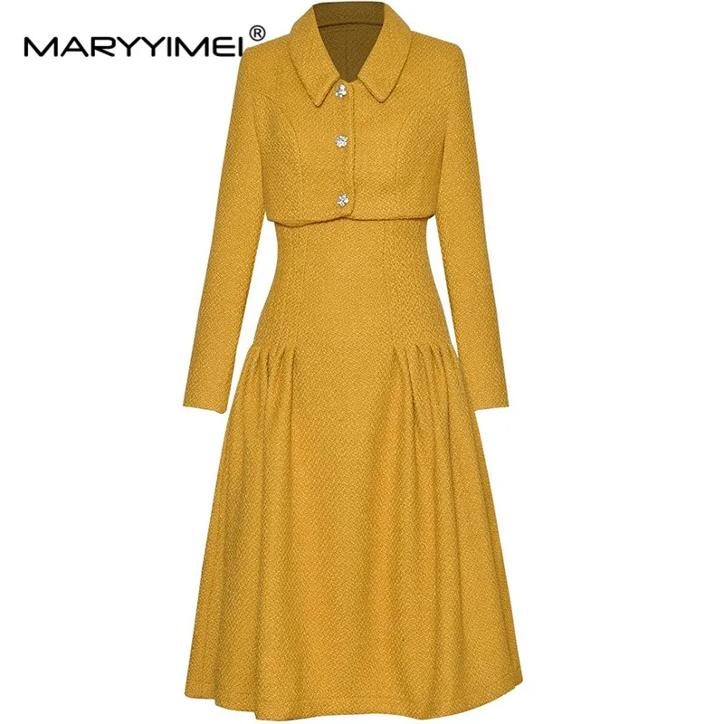 

MARYYIMEI Autumn and Winter Women's Commuter Suit Turn-Down Collar Single-Breasted Coat Tops+Spaghetti Strap Skirt 2 piece set