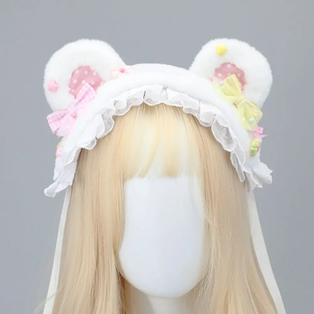 Funny Bow Cat Ears Headband Lace Plush Bear Ear Hair Band Polka Dot Furry Lolita Bandeau Lolita Accessories