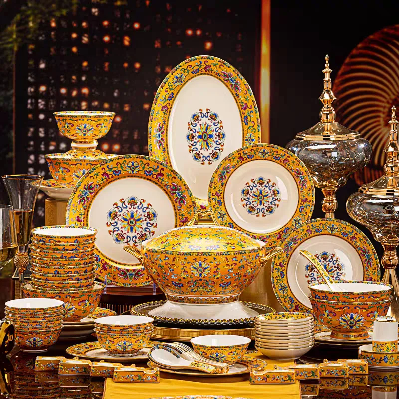 ZML tableware suitchinese style enamel palace porcelain bowls, plates and plates complete set