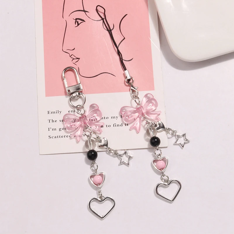 

Y2K Pink Bow Star Heart Keychain for Phone Delicate Cute Kawaii Bowknot Love Lanyard Keyring Bag Earphone Key Cases Accessories