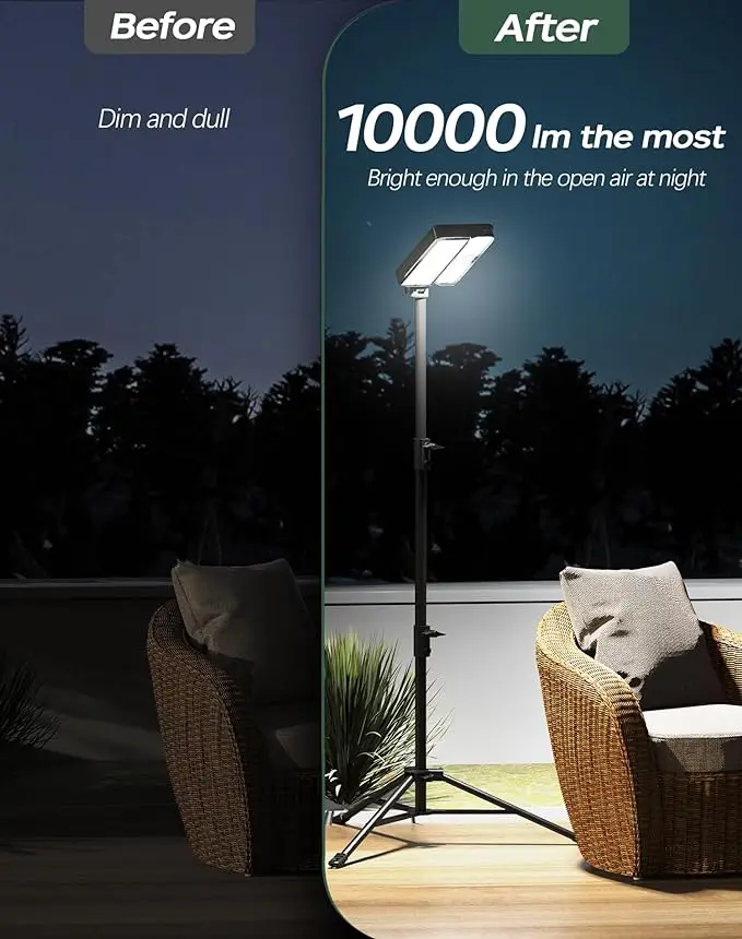 

10000lm Dimmable Rechargeable Work Light, 15000mAh Detachable Camping Work Light 72'' Telescopic with 2 Separate Lights, 2 Charge Ways Type C & Solar Powered