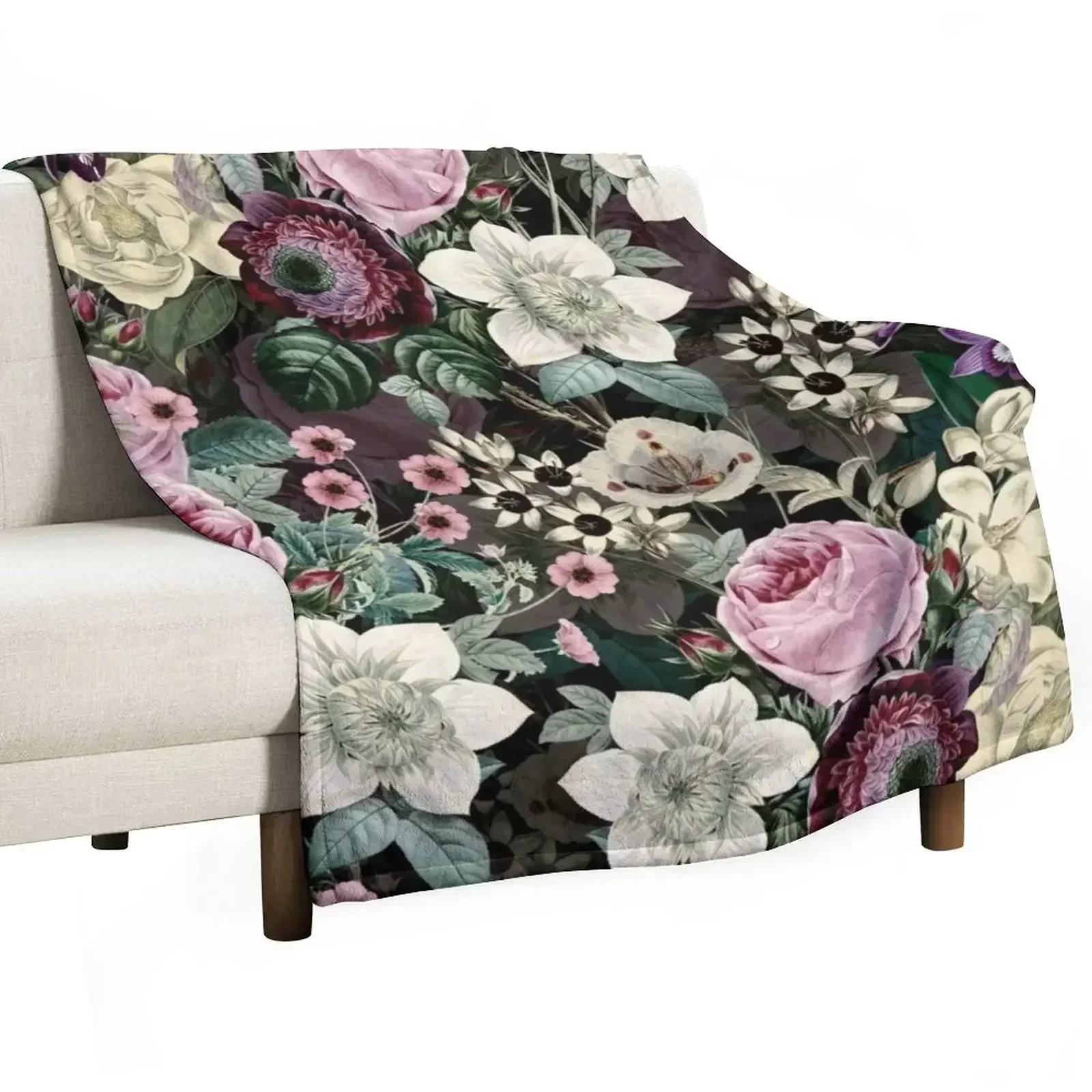 

Vintage Lush English Flower Botanical Night Garden Pattern Throw Blanket Shaggy Hairy Blankets