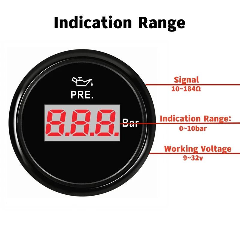 Auto / Boat Digital Oil Pressure Gauges Tuning 52mm 0-10Bar Display Oil Pressure Meters 10-184ohm Red Backlight