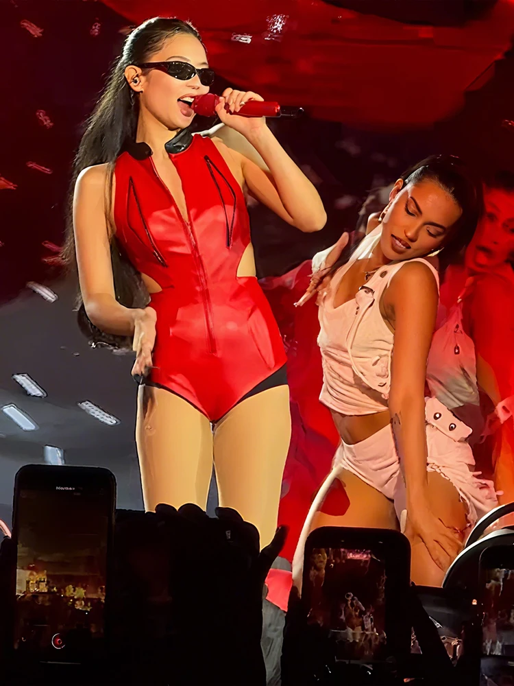 와티웨어 섹시 패션 2 피스 세트 여성 지퍼 가죽 끈적 끈적한 바디 수트 + 불규칙한 인쇄 스커트 어울리는 음악 축제 세트