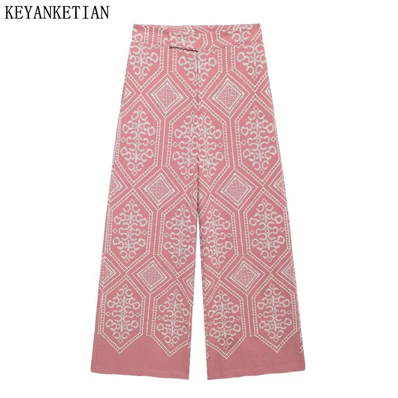 KEYANKETIAN 2024 Autumn New Women Embroidery decoration Wide leg Pants Holiday wind Zipper high waist Retro Loose Long Trousers