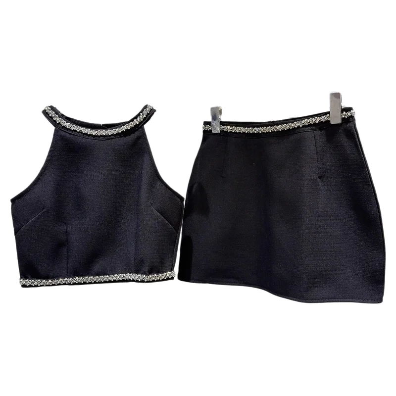 Faionable Summer 2025 Set gilet e gonna da donna con cerniera e perline di diamanti Abito francese in due pezzi per tutte le età