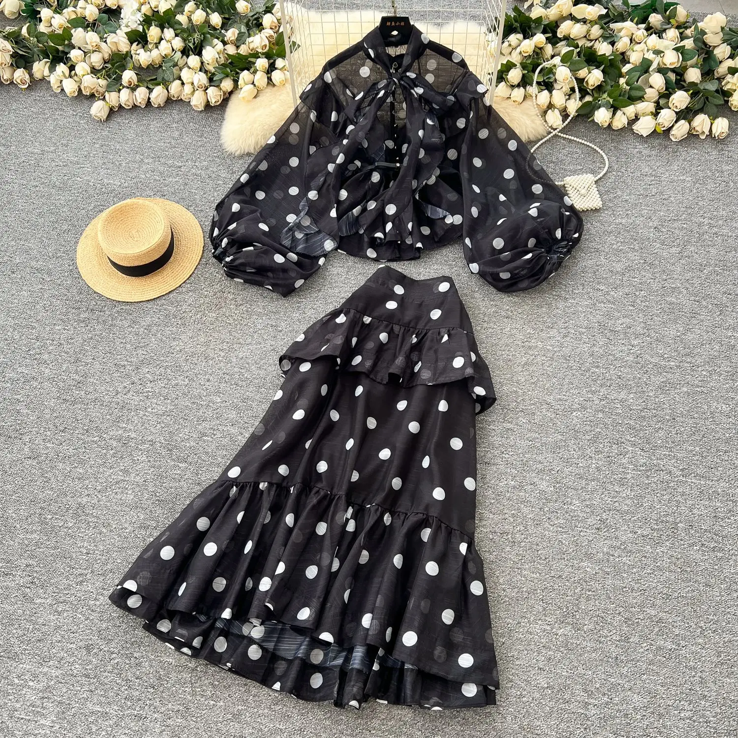 ツーピースセット レディース スカートセット ランタンスリーブ プリント ドット トップス フリル Y2K ストリートウェア エレガント ロング フィッシュテールスカート ハイウエスト