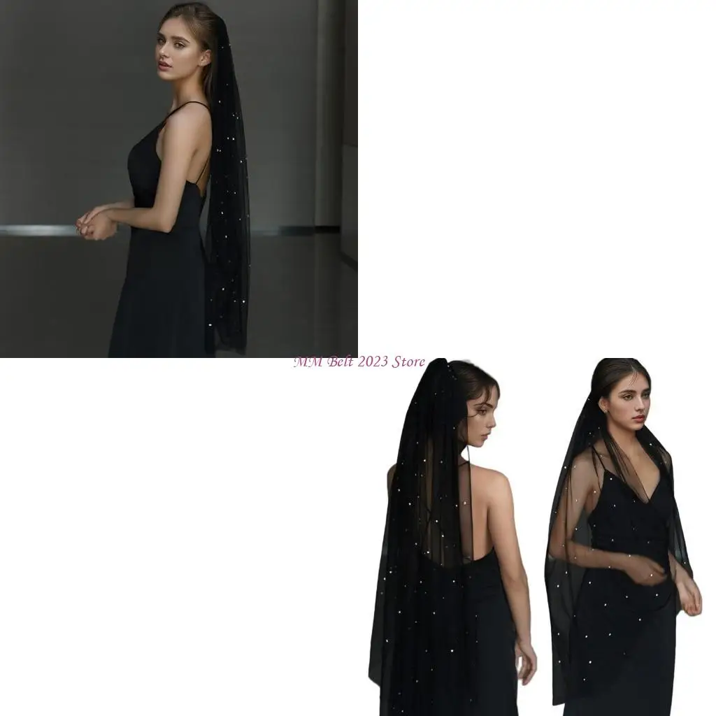 

49ME Elegant Black Bridal Veil With Rhinestones Embellishments Unique Headpieces Headwear For Weddings And Special Occasion