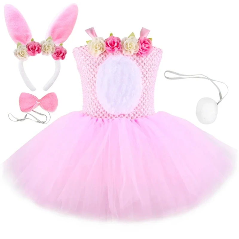 Pink Rabbit Tutu Princess Dress for Girls Birthday Party Clothes Animals Cosplay Easter Bunny Costume Kids Halloween Dress Up