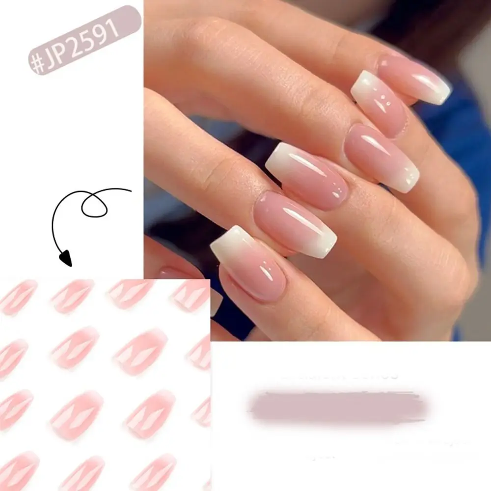 Long Ballerina False Nails New Full Cover Aurora Gradient Pink White Fake Nails French Crystal Detachable Nail Tips Women Girls