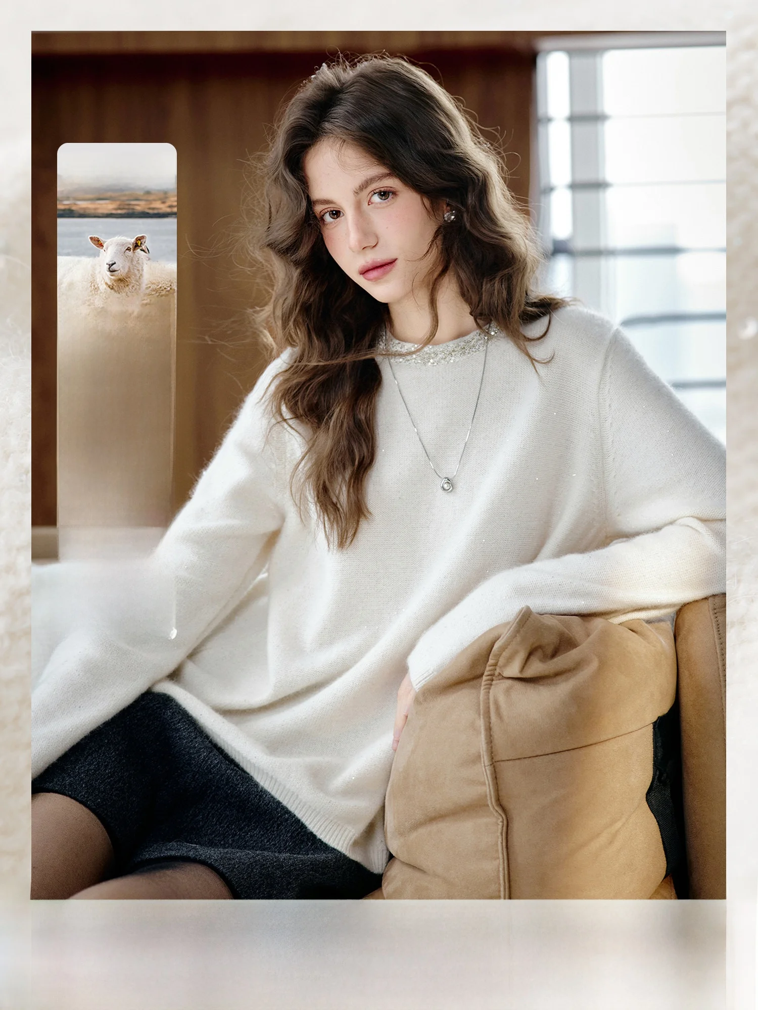 

Ele Knitted Sweater Women's Spring Wool Rabbit Fur Yarn Glittering Pearl round Ne Long Sve Casual Comfortable Fit